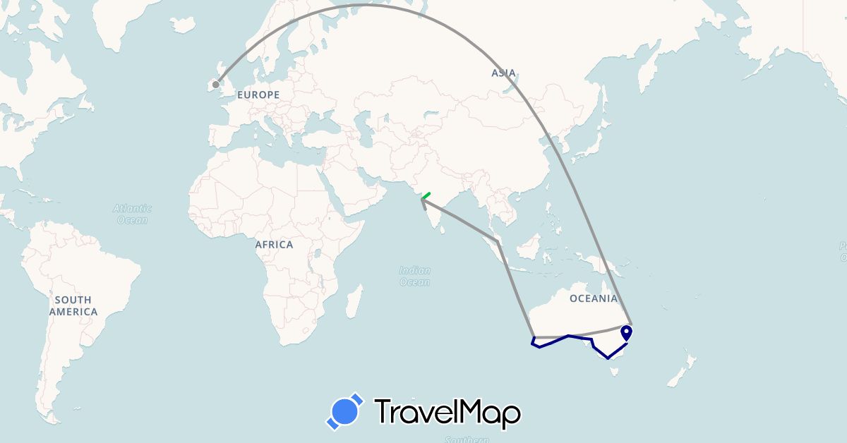 TravelMap itinerary: driving, bus, plane in Australia, Ireland, India, Malaysia (Asia, Europe, Oceania)